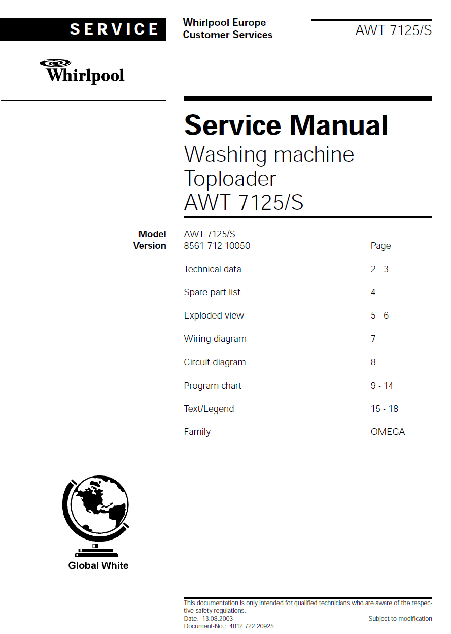  Whirlpool Service Manual Washing machine Toploader AWT 7125/S